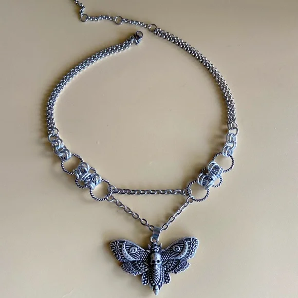 Handmade Chocker maille chain with moth skull moon design charm necklace boho - Picture 2 of 11